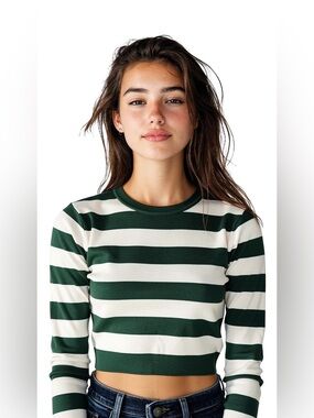 Zara Green Cream Striped Cropped Sweater Preppy Collegiate Knit Top L